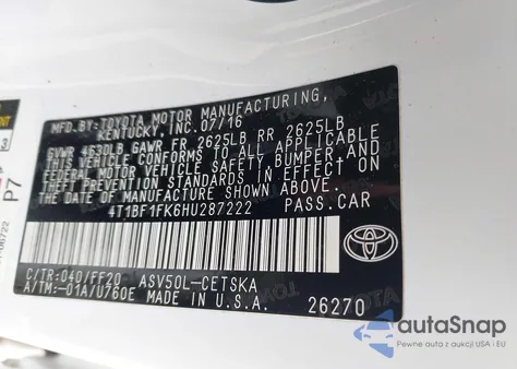 2017 Toyota Camry Se z USA, uszkodzony, nr VIN 4T1BF1FK6HU287222